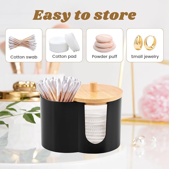 Dual-Compartment Cotton Swab & Pad Organizer with Removable Dustproof Lid, Bathroom Accessories Storage Organizer for Swabs, Cotton-Pads(COLOR:black)