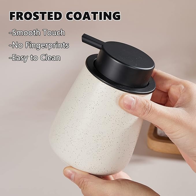 12Oz Beige Soap Dispenser Set - Ceramic Speckled Lotion Hand Soap Dispenser Set with Easy-to-Press Black Pump, Refillable Mordern Liquid Dish Soap Dispensers for Bathroom & Kitchen, 2 Pack