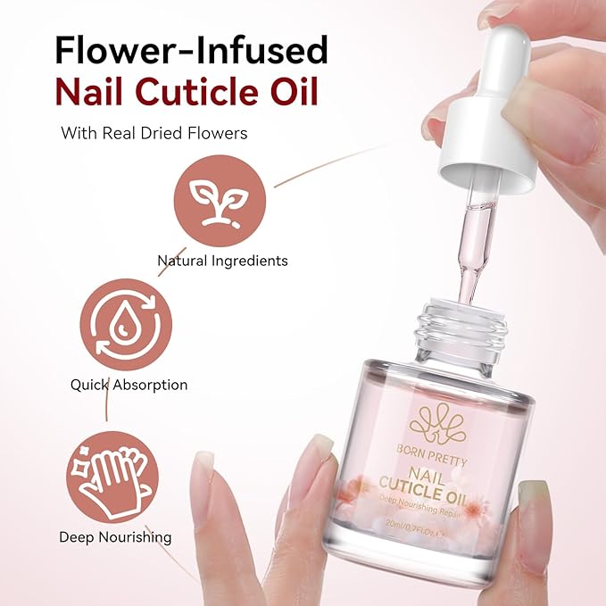 Born Pretty Cuticle Oil for Nails 20ML Cuticle Nail Oil Infused with Real Flowers,Repairs Cuticles Overnight,Moisturizes and Strengthens Nails and Cuticles,Fast Soothing Deep Nourishment