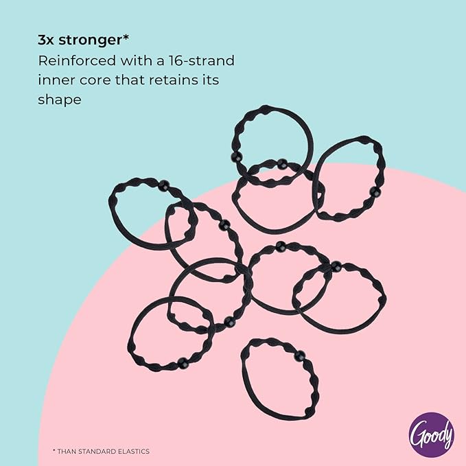 Goody Ouchless Forever Hair Elastics, 10 Ct, Black, Damage-Free Bands, 3X Stronger Elastic Ties, Retainable Shape, 16 Strand Inner Core, Styling Accessories for Women & Men, All Hair Types