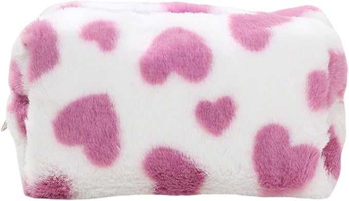 Makeup Bag Small Cosmetic Bags for Purse Women Girls Plush Simple Heart Make Up Pouch