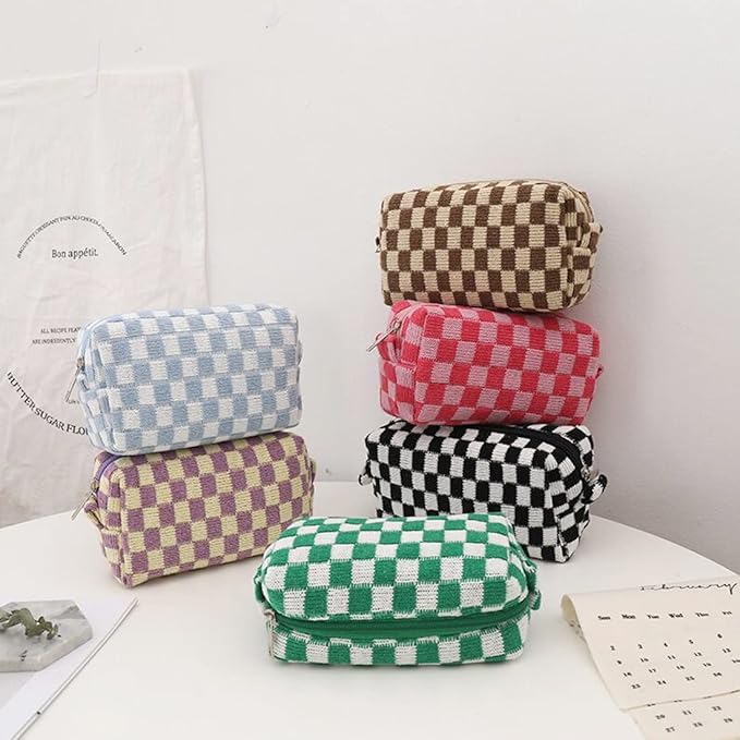 SxoSyo 2 Pcs Cosmetic Bags for Women Checkered Makeup Bag Purse Travel Toiletry Zipper Storage Pouch Make up Brushes Organizer for Gifts (Checkered, green & pink)