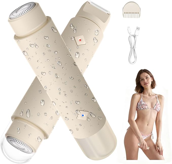 Cordless Bikini Shaver, Bikini Trimmer for Women, 2-in-1 Electric Razors Body Hair Removal, Dual Head Women's Hair Trimmer for Leg Arm Body Pubic Grooming Tool (Brown)