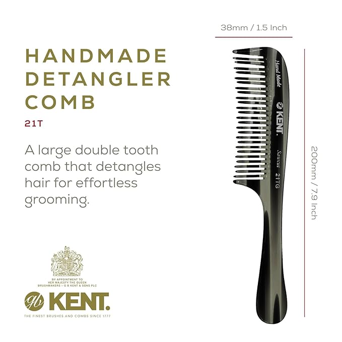Kent 21T Large Hair Detangling Comb, Double Wide Tooth Comb for Curly Wavy Hair, Detangler for Wet and Dry Hairs, Saw-Cut, Handmade Kent Combs