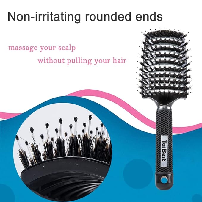 Boar Bristle Hair Brush Set - Dry/Wet Hair Brush Detangler for Fine, Thick, Curly Hair - Curved and Vented Hair Brush for Women, Men or Kids