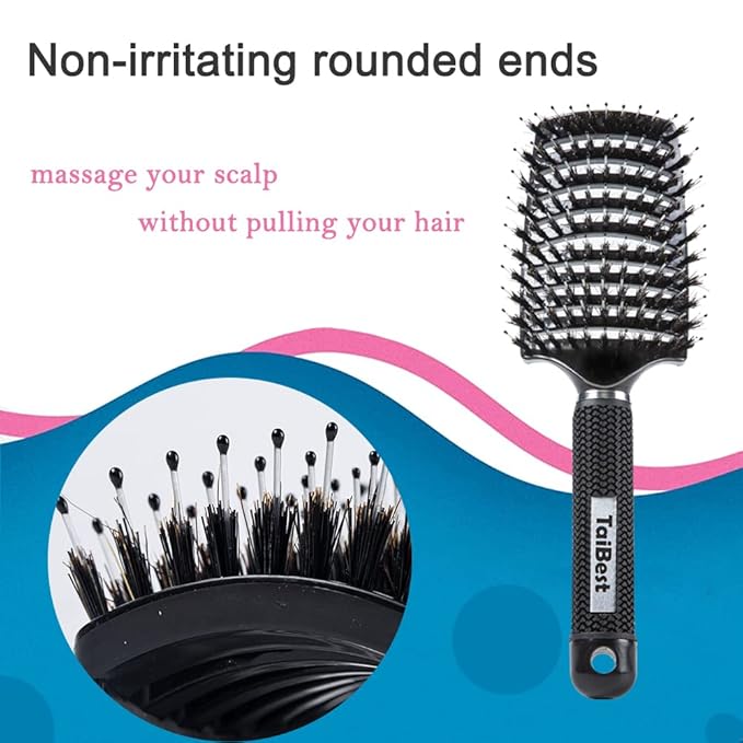 Boar Bristle Hair Brush Set - Dry/Wet Hair Brushes Detangler for Fine, Thick, Curly Hair - Curved and Vented Hair Brush for Women, Men or Kids