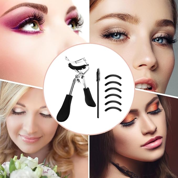 Eye Lash Curler with 6PCS Extra Replacement Strips, Professional Makeup Tool for Eyelashes, Easy & Comfortable to Grip and Use Metal Eyelash Curler(Color:Black)