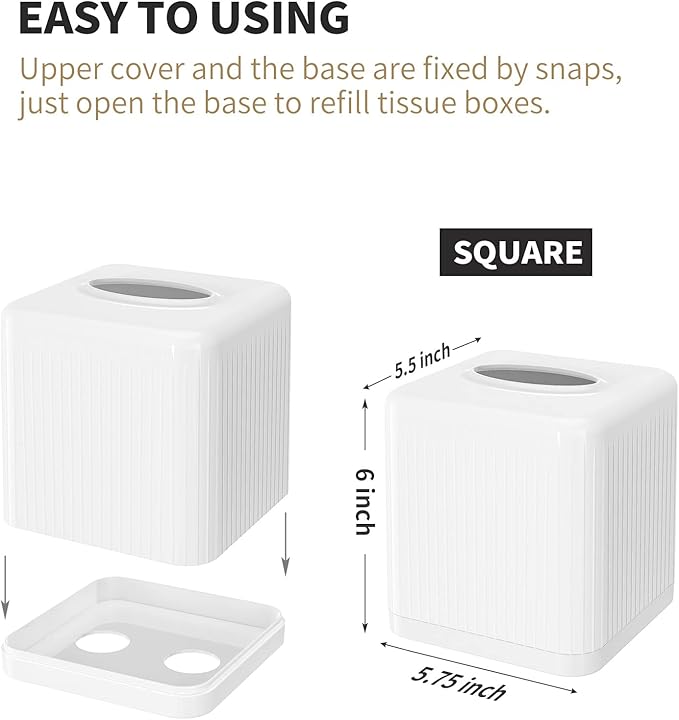 Livelab Tissue Box Cover with Base, Square Plastic Tissue Box Holder Decorative Tissue Cover Modern Cube Facial Tissue Dispenser for Bathroom Vanity Countertop, Living Room, Bedroom, Office - White
