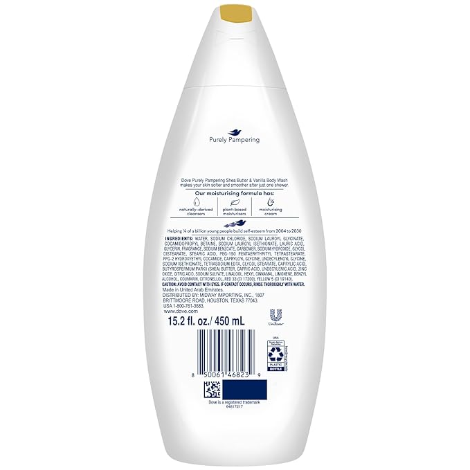 Dove Body Wash 2-Pack – Purely Pampering, Shea Butter & Vanilla for Softer, Smoother Skin, 15.2 Oz Ea