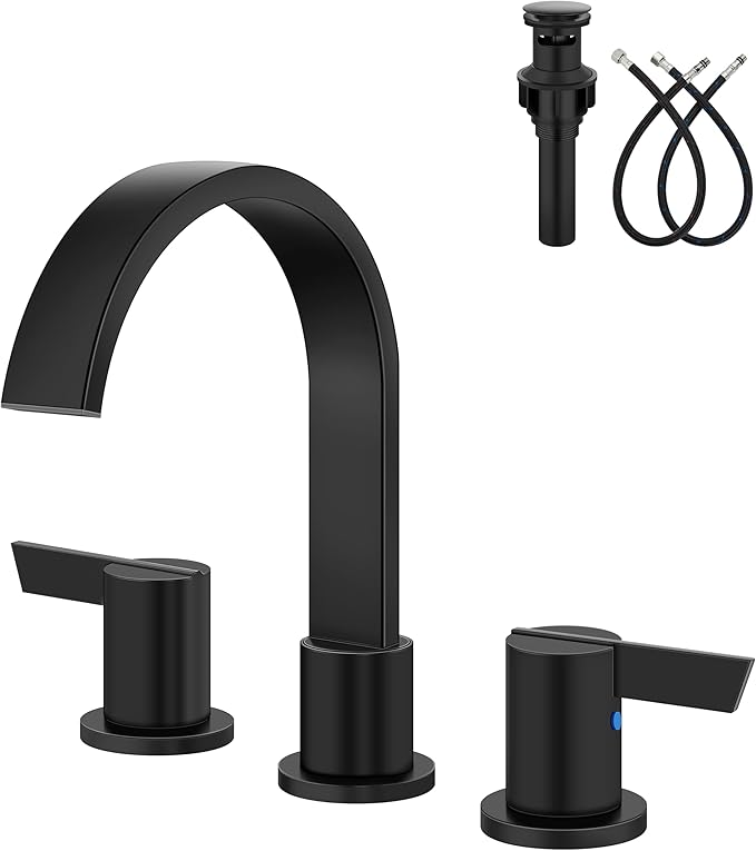 Aolemi Bathroom Faucets 3 Hole,8 Inch Widespread Waterfall Bathroom Sink Faucet,2 Handles Vanity Faucet with Pop-up Drain and Supply Hose,Matte Black