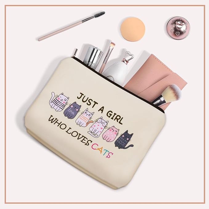 Cat Makeup Bag For Cat Lover Easter Gifts: Cosmetic Bag & Toiletry Pouch Just A Girl Who Love Cats Themd For Mom, Daughters, Friends,Teen Girl & Women.Ideal Gifts For Travel, Birthdays.