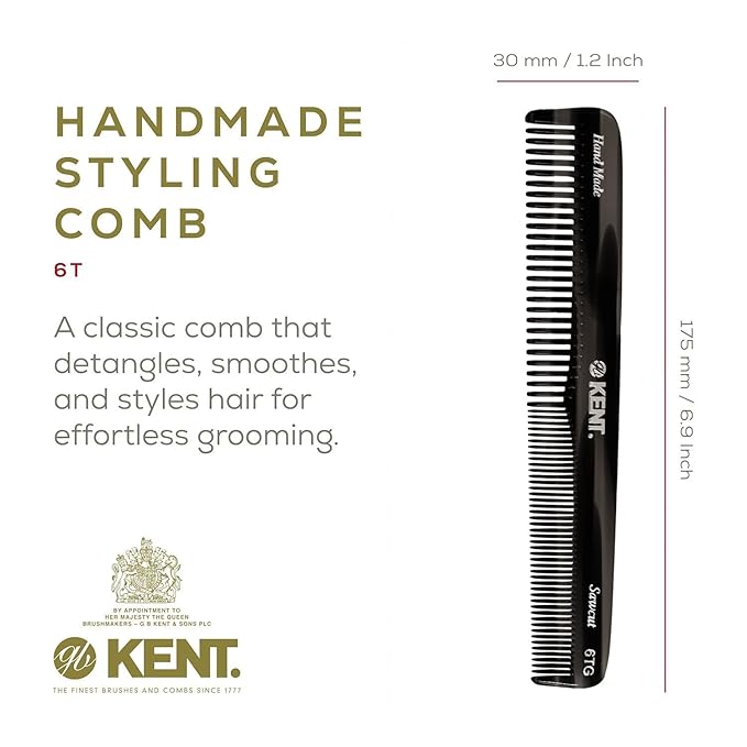 Kent 6T G Fine Tooth and Wide Tooth Hair Comb, Handmade Styling Comb for Hair Care, Barber Combs, Beard Combs For Men, Styling Grooming for Men, Women and Kids
