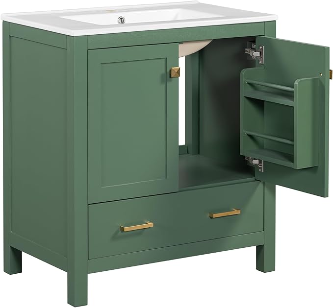 Bellemave 30" Bathroom Vanity with Sink Combo Set, Solid Wood Frame Bathroom Storage Cabinet with a Drawer, 2 Soft Closing Cabinet Doors with Organizer, Green