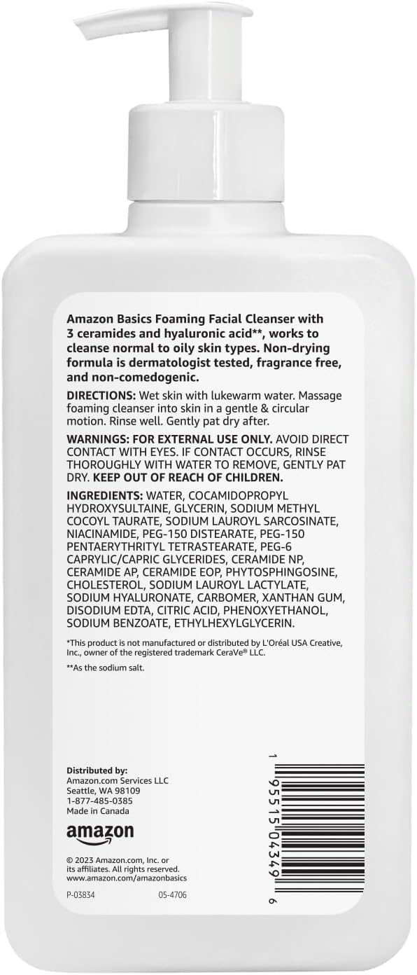 Amazon Basics Foaming Facial Cleanser with Ceramides & Hyaluronic Acid, Gentle Daily Face Wash, Non-Comedogenic, Fragrance-Free, 12 fl oz