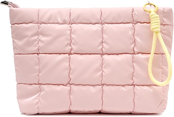 Puffer Quilted Makeup Bag Travel Cosmetic Bag Portable Puffy Checkered Toiletry Pouch Skincare Organizer Purse Pencil Case (Pink)