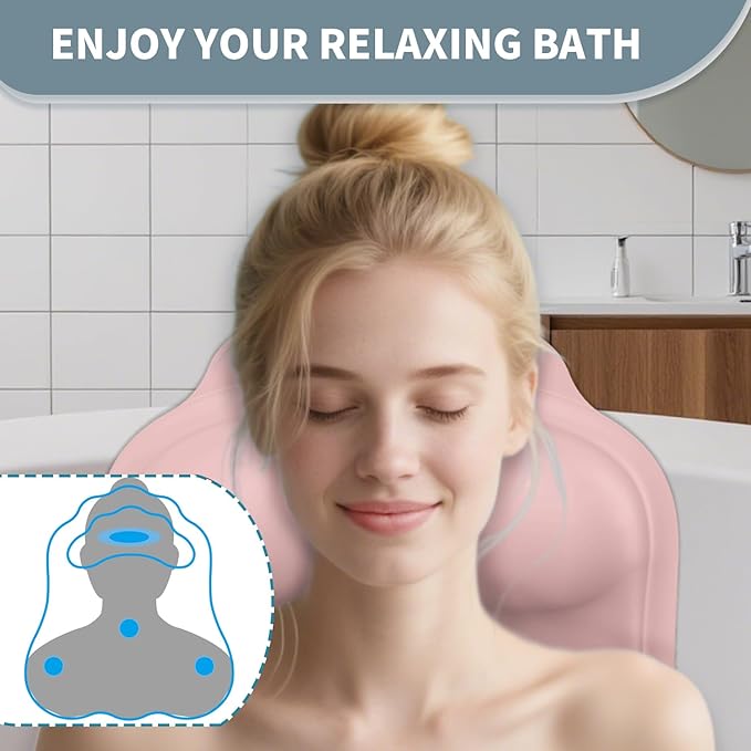 Silicone Bath Pillow for Tub – Ergonomic Bathtub Headrest with Inflatable Air Cushion, Non-Slip Suction Cups & Neck/Back Support – Comfortable Spa Bath Accessory for Relaxation (Pink)