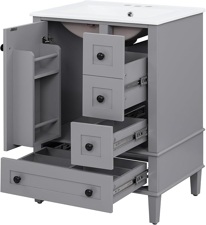 Bellemave 24" Bathroom Vanity with Sink Combo Set, Solid Wood Frame Bathroom Storage Cabinet with 3 Drawers, Soft Closing Cabinet Door with Organizer, Grey