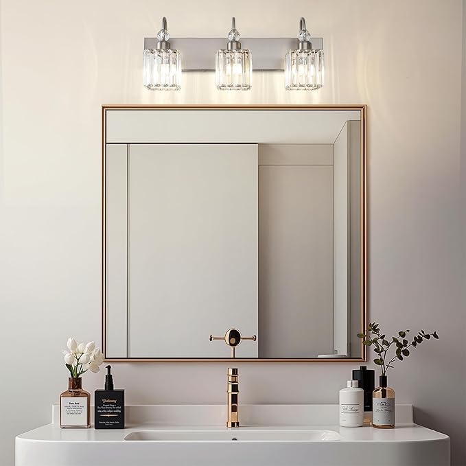 Ralbay Brushed Nickel Vanity Light for Bathroom Crystal 3-Light Modern Crystal Bathroom Light Fixtures