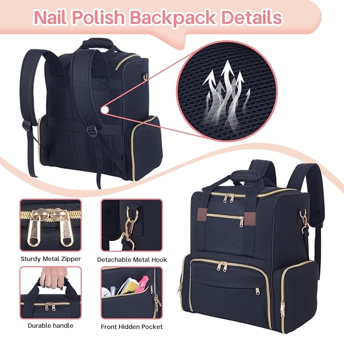 Nail Polish Organizer Backpack Holds 80 Bottles and a Nail Lamp Supplies with 2 Removable Cases Storage Bag Professional Travel Case for Manicurist (Black)