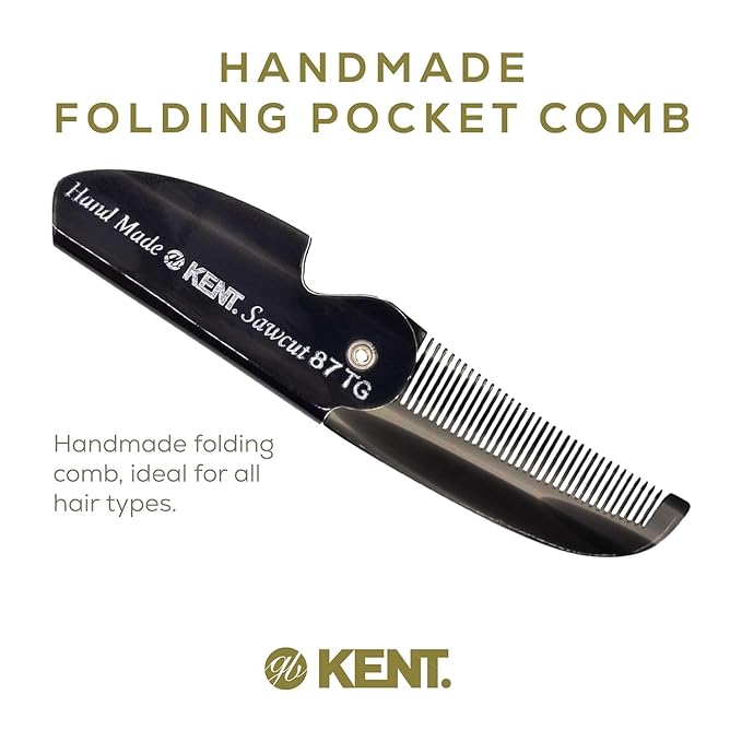 Kent 87T Black Graphite Handmade Folding Pocket Comb for Men, Fine Tooth Hair Comb Straightener for Everyday Grooming Styling Hair, Beard or Mustache, Saw Cut Hand Polished, Made in England