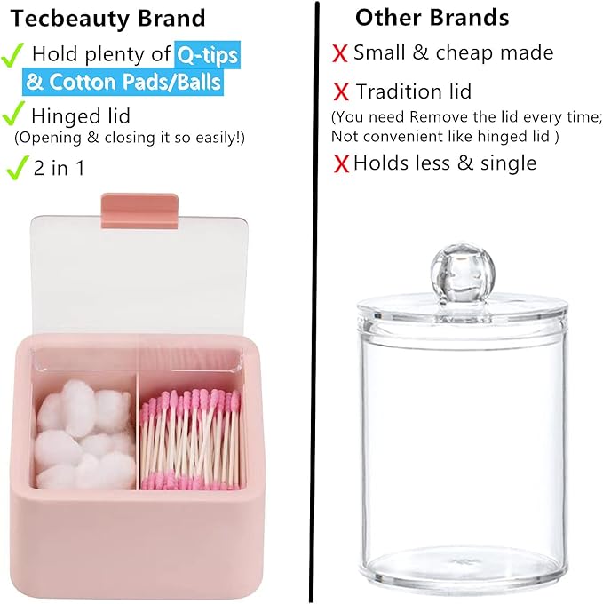 Tecbeauty 2pcs Qtips Holder Dispenser Cotton Swabs Storage Organizer Plastic Bathroom Canisters with Hinged Lids, Divide 2 Grids