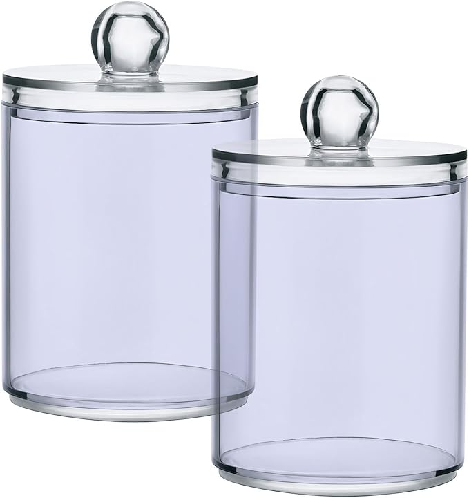 Lavender Qtip Holder Organizer Dispenser Cotton Swabs Cans Plastic Jars with Lid Set 4 Pack Bathroom Storage Canister for Cotton Ball Floss Cotton Pads