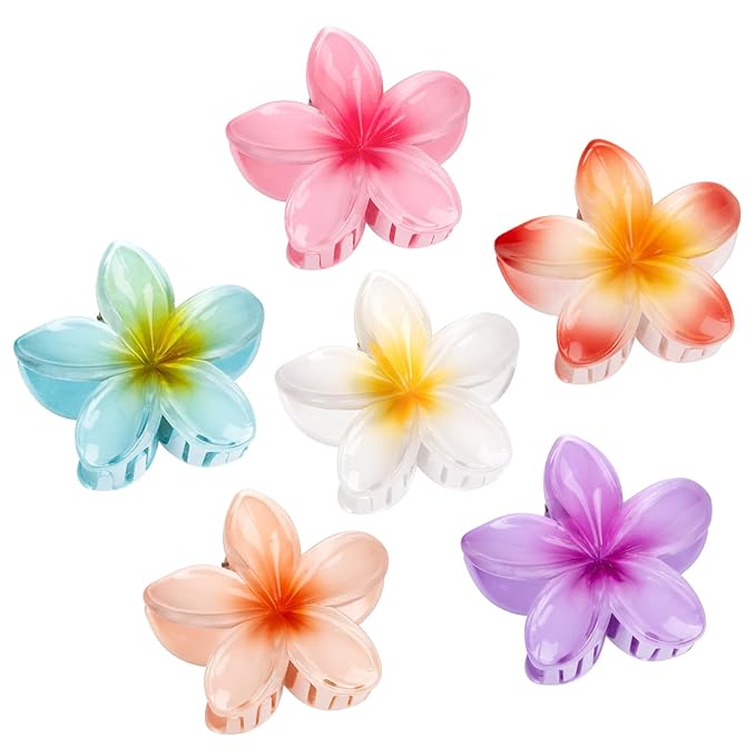6 Pack Hawaiian Flower Hair Claw Clips for Women, Hibiscus Floral Claw Clips for Thick or Thin Hair, Cute Summer Accessories