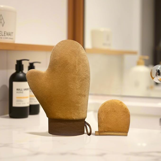 Body Lotion Applicator Gloves Set (2 Sizes: Large & Small) - 2 Color Options, High-Density Short Plush Material, Self-Tanning/Moisturizing Mitts for Even Coverage (Brown)