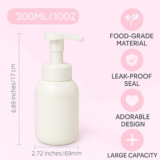 Plastic Foaming Hand Soap Dispenser,Toddler Bar Soap Cute Kids Dispenser for Bathroom Refillable Pump Bottles for Kitchen Liquid Shampoo Body Wash 10oz 300ml (1, White)