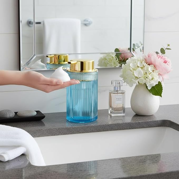 Foaming Soap Dispenser, 12 Oz Blue Glass Foam Hand Soap Dispenser, Refillable Glass Foam Pump Bottle Container Decorative Slim Ribbed Bottle for Bathroom and Kitchen