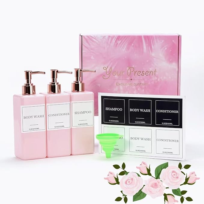 Shampoo and Conditioner Dispenser for Shower, Refillable Shampoo and Conditioner Bottles Body Wash Dispenser with Waterproof Labels, 3PCS Soap Dispenser Bathroom Pink Rose Gold Empty Pump Bottle