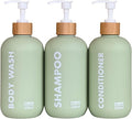 OLLIES Shampoo and Conditioner Dispenser, Shower Soap Dispenser for Bathroom-Set of 3 with Permanent Stylish Label-17oz, 500ml Refillable Shampoo and Conditioner Bottles Green
