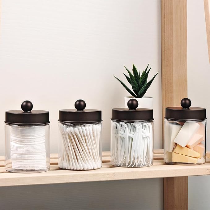 Amolliar Farmhouse Decor Qtip Holder Dispenser for Cotton Swabs,Balls, Cotton Pads, Floss - Clear Plastic Apothecary Jar for Bathroom Canister Storage, Vanity Countertop Makeup Organizer-Bronze (4)