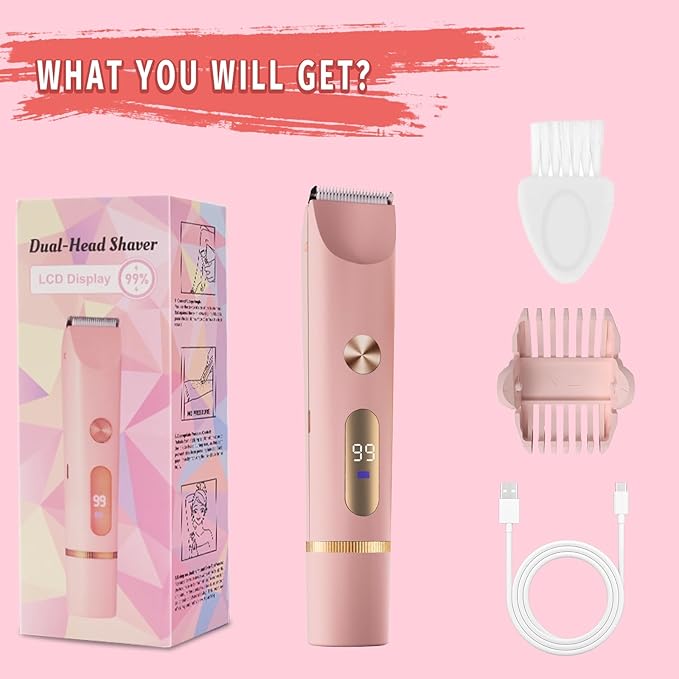 Bikini Trimmer for Women, 2 in 1 Electric Shaver for Women, Rechargeable Electric Razor Body Hair Trimmer Wet & Dry Use