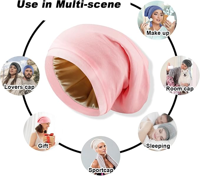 2 Pcs Adjustable Silk Hair Bonnet for Sleeping, Satin Lined Sleep Cap for Women and Men, Silk Hair Wrap Slouch Beanie.