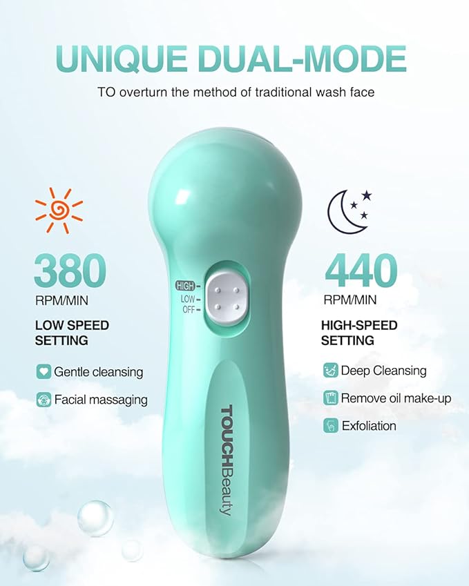Facial Cleansing Brush for Women, 3-in-1 Face Cleanser and Exfoliator Brush with 3 Brush Heads, 2 Speeds, Battery Operated Waterproof Spin Brush, Portable Travel Case, Perfect Valentine's Day (Green)