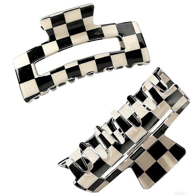 2 PCS Checkered Hair Claw Clips Square Checker Barrettes Cute Non Slip Hair Jaw Clips Strong Hold Rectangle Hair Claw Multicolored Plaid Vintage Check