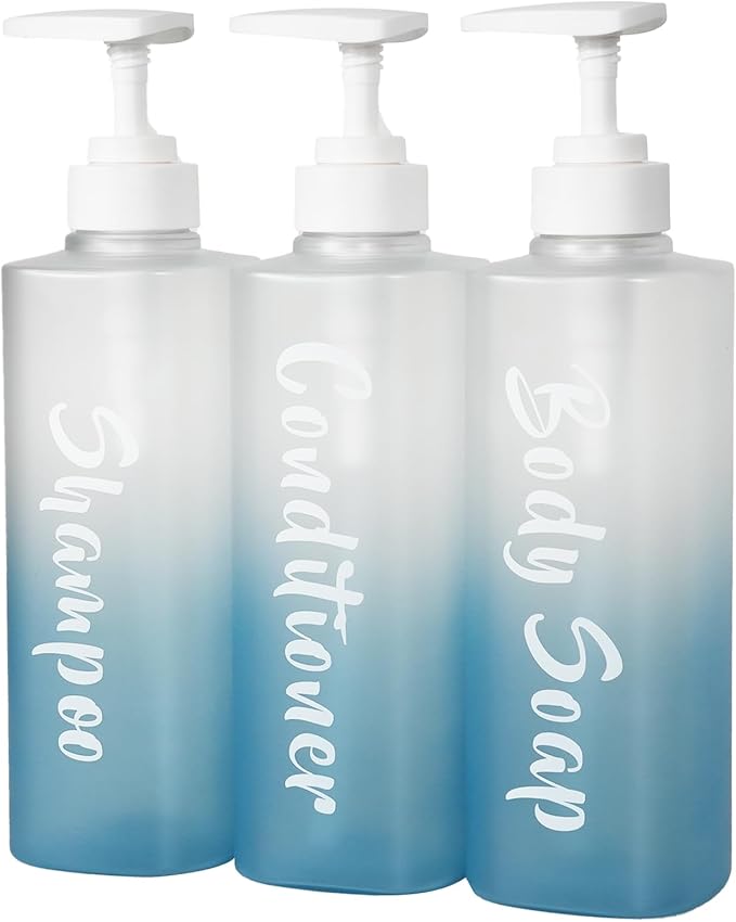 Shampoo and Conditioner Dispenser Set of 3, 17oz Shower Soap Bottles with Permanent Label, Refillable Shampoo and Conditioner Dispensers for Bathroom, Gradient Frosted Blue Empty Bottles with Pump