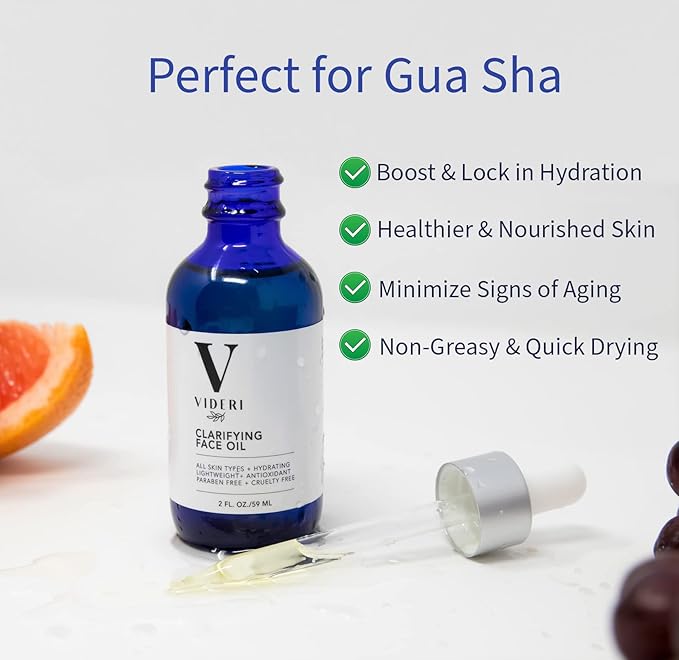 Gua Sha Face Oil - Anti Aging Organic Face Serum, Grapeseed, Argan, Grapefruit & Vitamins C & E. Nature Vegan Formula, Face Roller Oil for Facial Massage Tools. Large 2 Oz