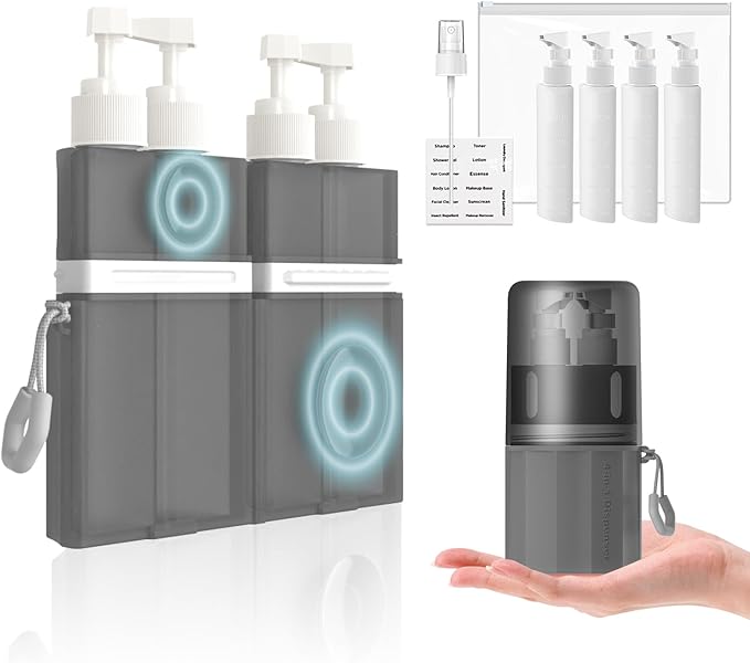 4 in 1 Travel Dispenser Bottle, TSA Approved Refillable Shampoo and Conditioner Bottles Set with Suction Cup for Smooth Walls, Travel Size Toiletries Container for Body Wash/Lotion.(Pink+Grey) 2P