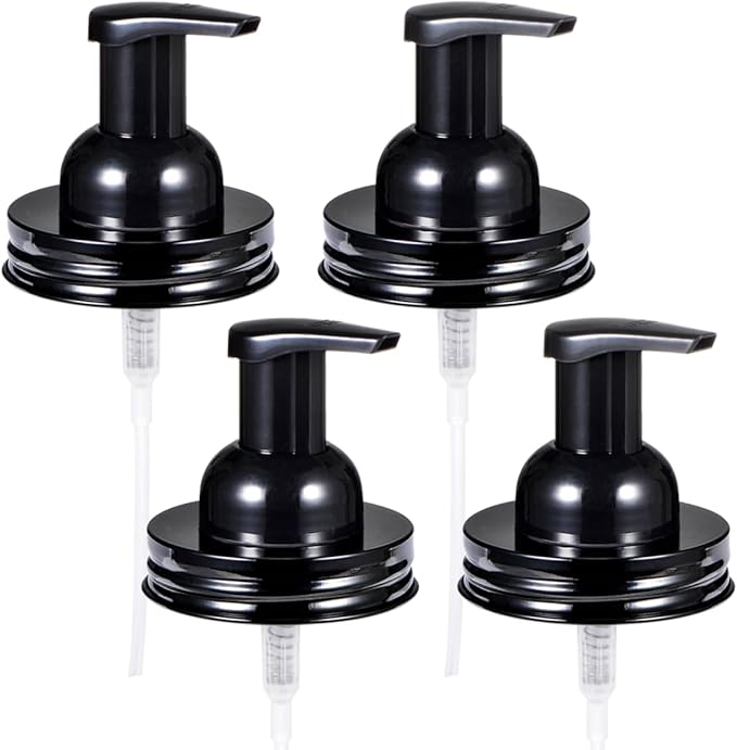 Amolliar Mason Jar Foaming Soap Dispenser Pump Lid, Refillable Plastic Pump, Rustproof Stainless Steel Lid for Regular Mouth Jar, Cute Farmhouse Decor, Hand Soap for Bathroom, Kitchen, Black 4 Pack