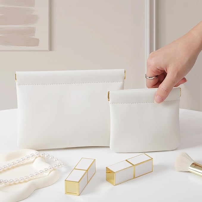 2 Pack Small Makeup Bag for Women, New Organosilicon Super Fiber PU Leather Mini Cosmetic Bag for Travel, Coin Purse Organizer Storage Pouch (Cream)