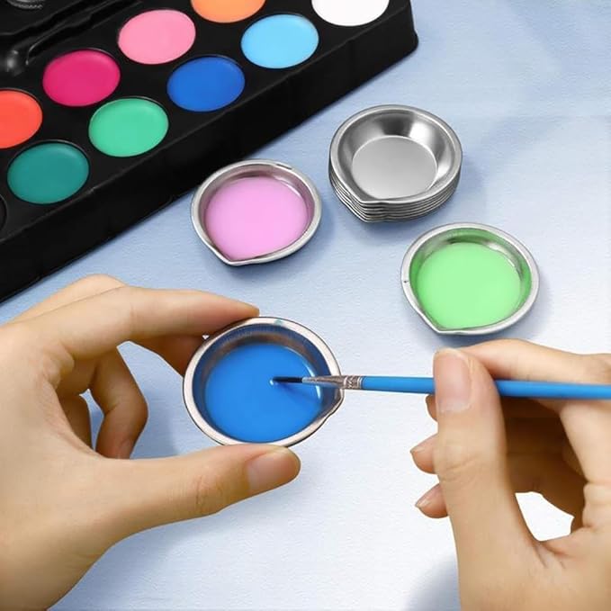 12 Pcs Stainless Steel Paint Trays Small Round Metal Palette Makeup Cosmetic Mixing Palette with 2 Pcs Plastic Pipettes for Artist Watercolors