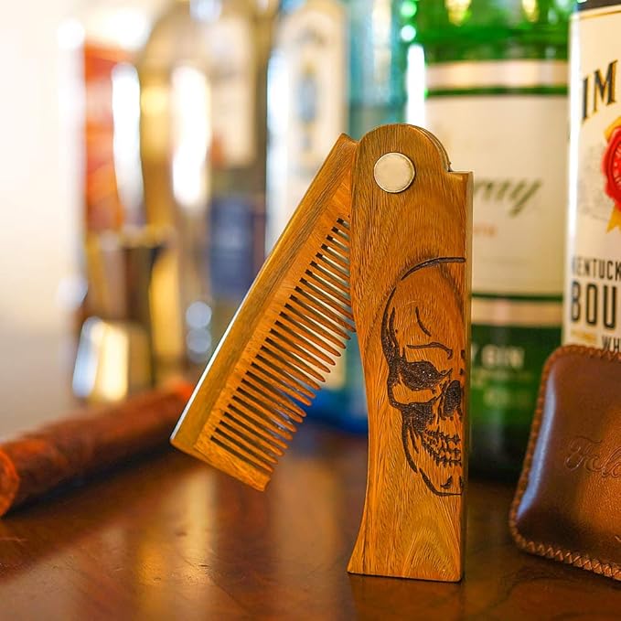 Men's Pocket Folding Wooden Beard Comb with Leather Travel Case,Green Sandalwood Hair Combs Set for Men (Skeleton)