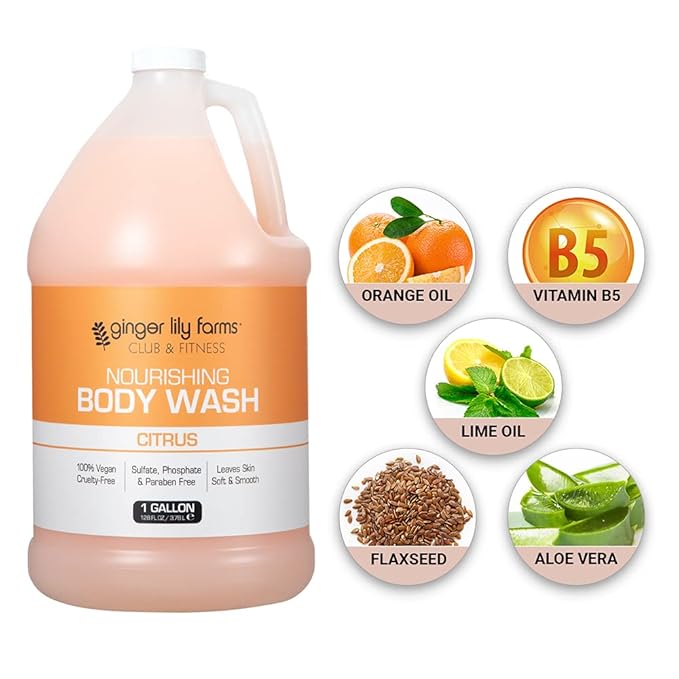 Ginger Lily Farms Club & Fitness Nourishing Body Wash, 100% Vegan & Cruelty-Free, Bath & Shower Gel for Men and Women, Citrus Scent, 1 Gallon (128 fl. oz.) Refill