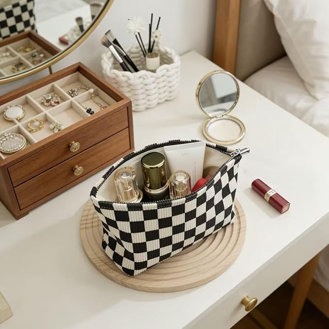 Black and White Checkered Makeup Bag Set of 2, Corduroy Cosmetic Pouch for Women, Travel Toiletry Bag with Zipper