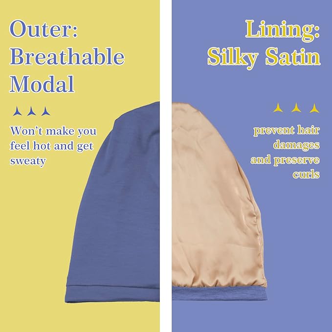 2 Pcs Adjustable Silk Hair Bonnet for Sleeping, Satin Lined Sleep Cap for Women and Men, Silk Hair Wrap Slouch Beanie.
