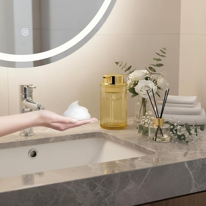 Foaming Soap Dispenser, 12 Oz Amber Glass Foam Hand Soap Dispenser, Refillable Glass Foam Pump Bottle Container Decorative Slim Ribbed Bottle for Bathroom and Kitchen