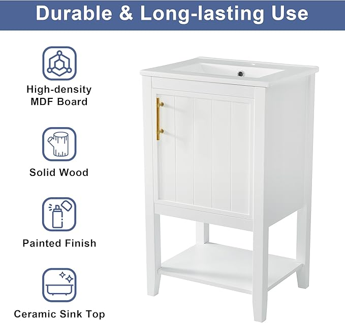 Bellemave 20" Small Bathroom Vanity with Sink, Modern Bathroom Storage Cabinet with Door and Storage Rack, Free Standing Single Basin Vanity with Open Shelf, Undermount Ceramic Sink, White