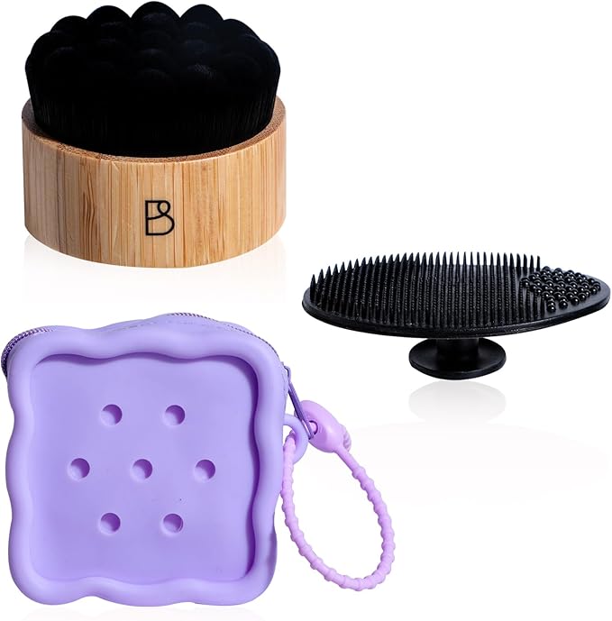 BS-MALL Silicone Facial Cleansing Brush Kit – Bamboo Face Scrub Brush with Silicone Storage Bag for Deep Cleaning, Exfoliation & Pore Cleansing – Travel-Friendly Sensitive Skin Care Tool